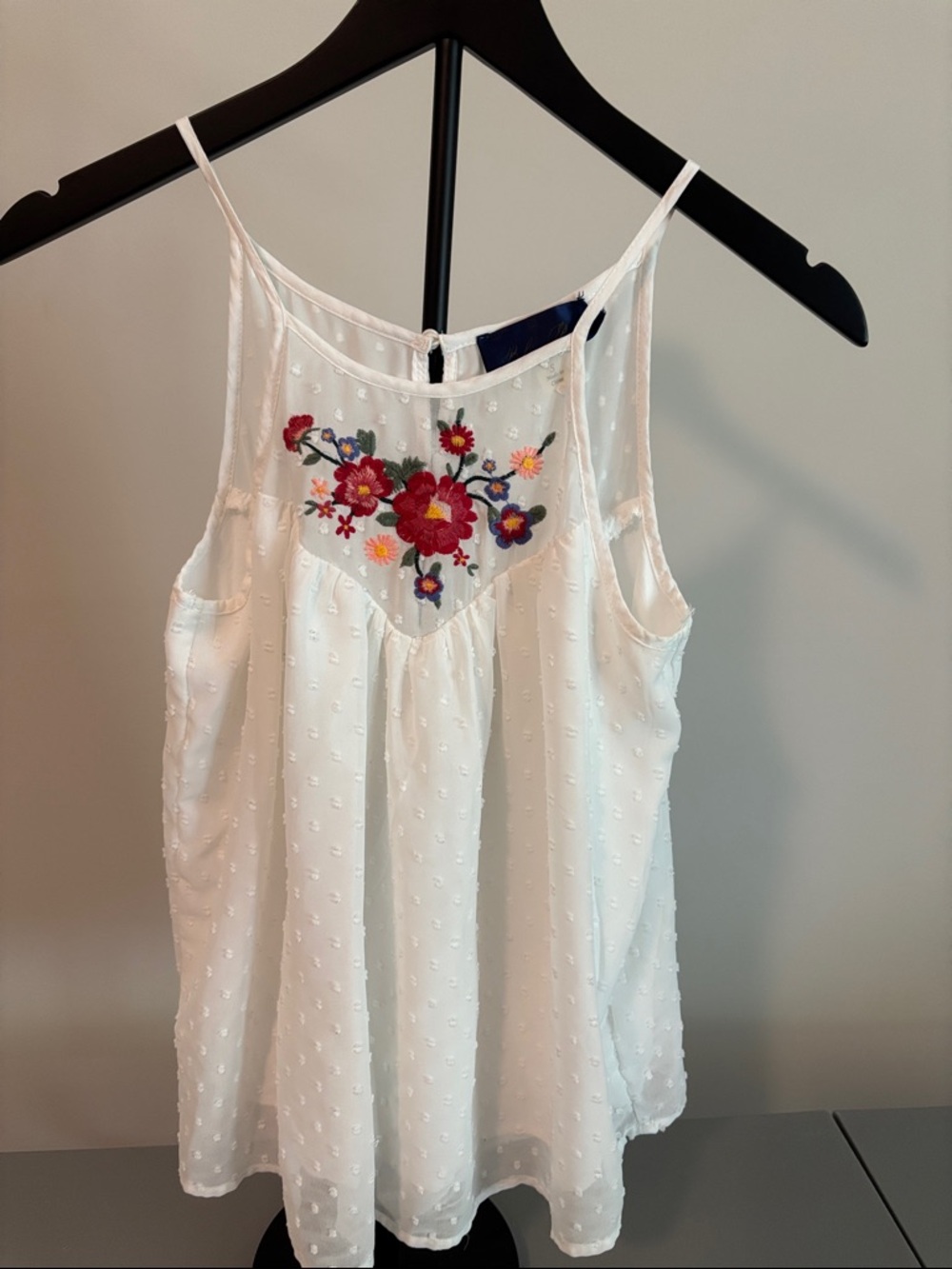 Blue Rain White Swiss Dot Camisole with Multicolor Floral Embroidery